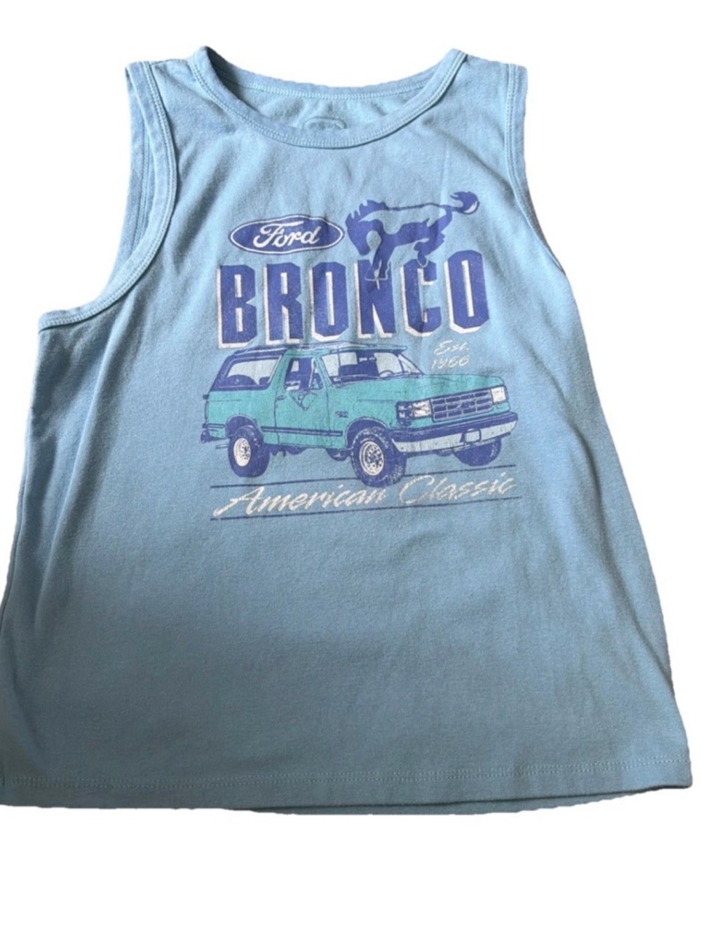 Women’s Medium Ford Light Blue Bronco Graphic Tank Top American Classic Car